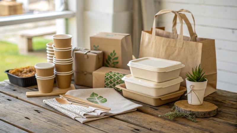 An array of eco-friendly packaging materials on a wooden table