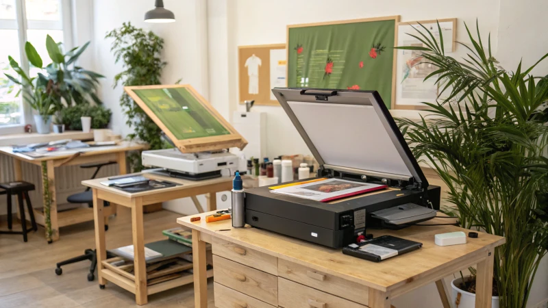 Two eco-friendly printing stations surrounded by plants