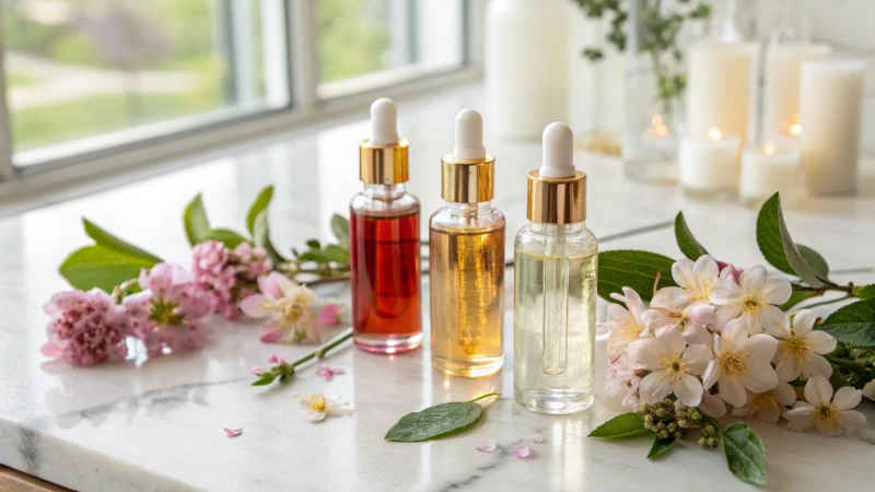 A collection of elegant glass dropper bottles filled with colorful serums on a marble countertop, surrounded by flowers and leaves.