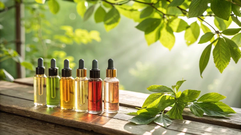 Collection of elegant glass dropper bottles on a rustic wooden table