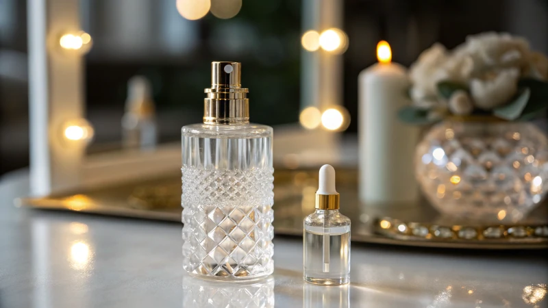 Close-up of an elegant glass dropper next to a luxury skincare bottle