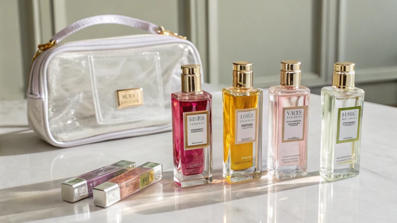 A collection of elegant travel perfume bottles displayed next to a clear plastic bag