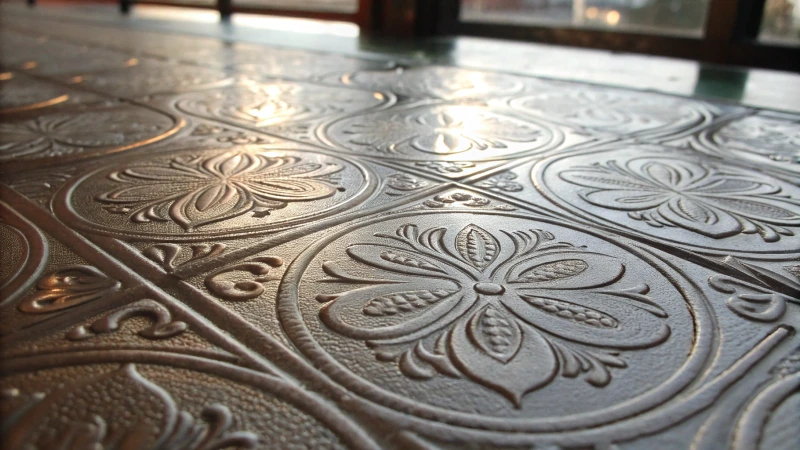 Close-up of embossed glass surface with intricate designs