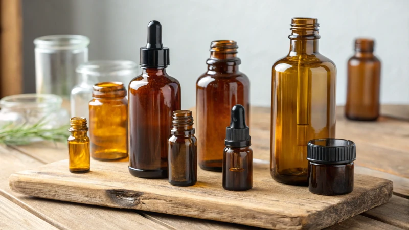 A collection of glass bottles for essential oils on a wooden surface