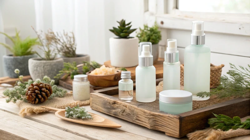 Frosted glass skincare bottles on a rustic wooden shelf with plants