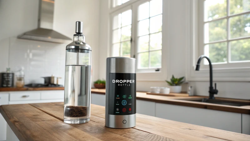 A futuristic dropper bottle with a digital interface in a minimalist kitchen