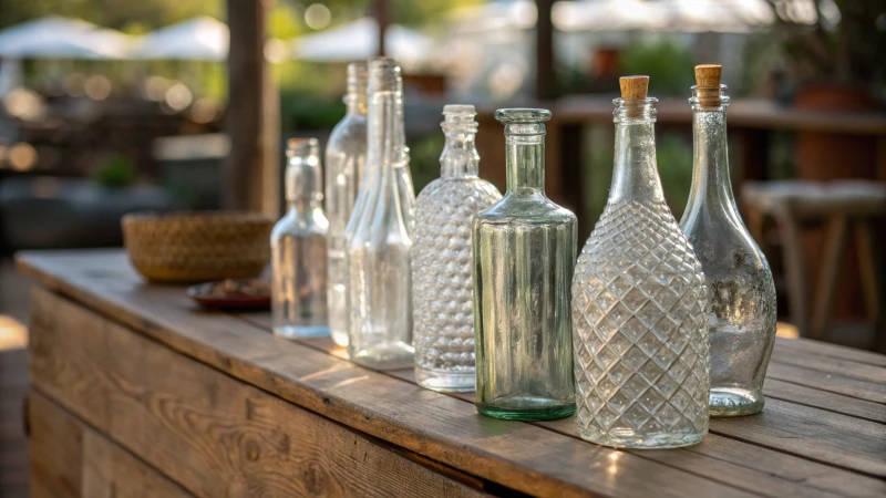 Aesthetic arrangement of glass bottles on a rustic table