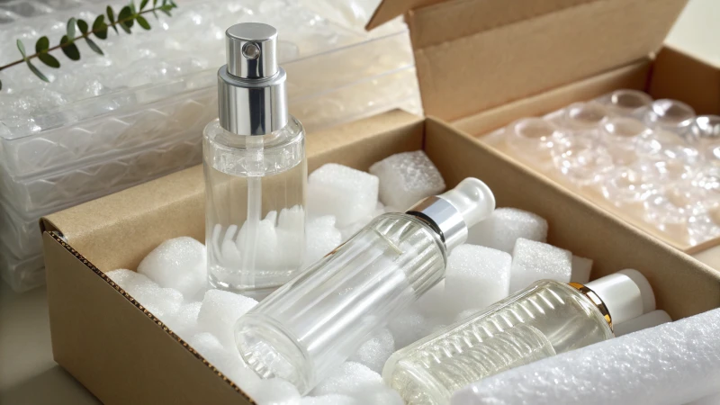 Photograph of glass cosmetic bottles surrounded by bubble wrap and packing peanuts