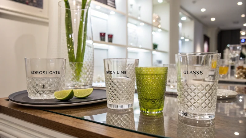 Artistic arrangement of borosilicate and soda-lime glasses on a reflective surface