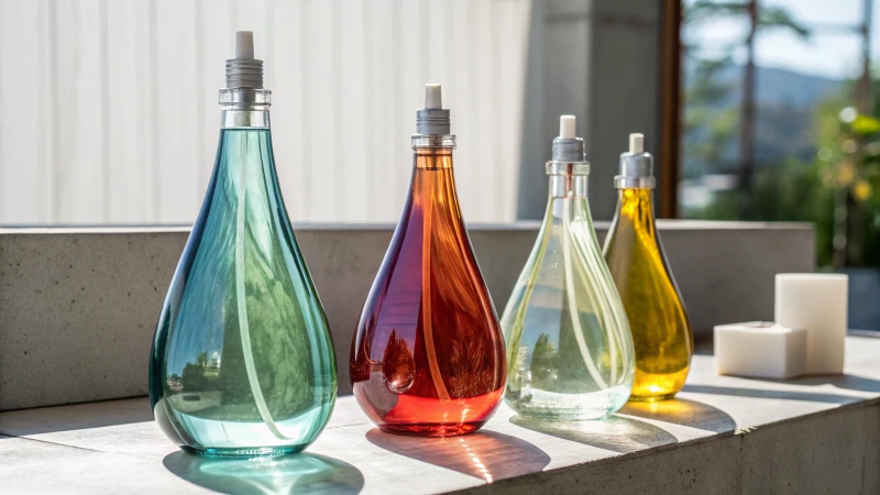 A collection of innovative glass drop bottles with unique shapes and sustainable materials