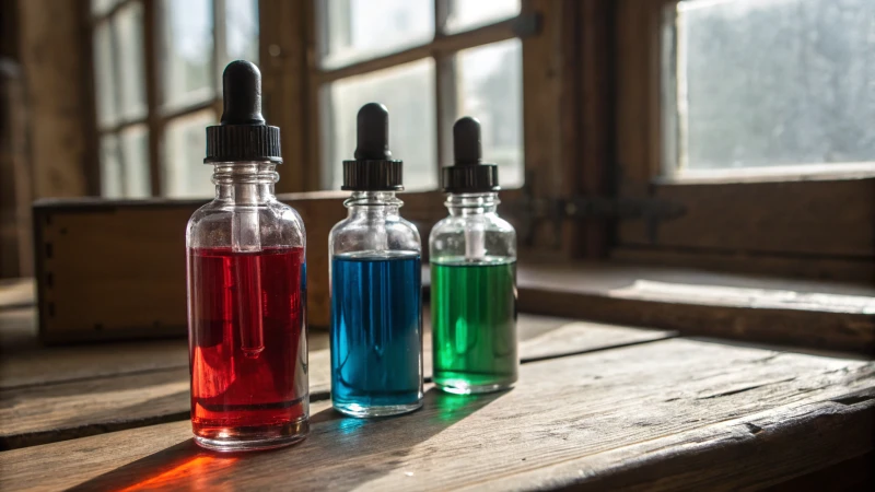 An arrangement of glass dropper bottles filled with colorful liquids on a wooden surface.