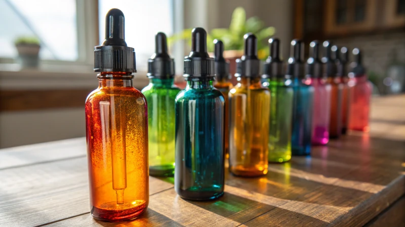 A close-up of colorful glass dropper bottles on a wooden table