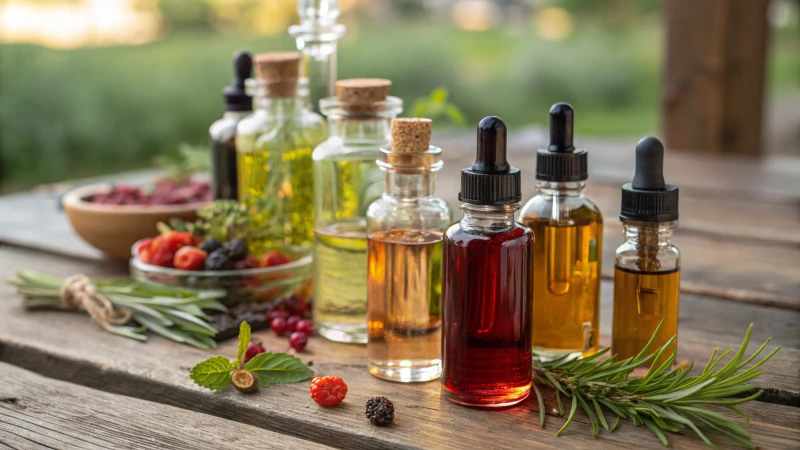 Aesthetic display of colorful glass dropper bottles on a wooden table