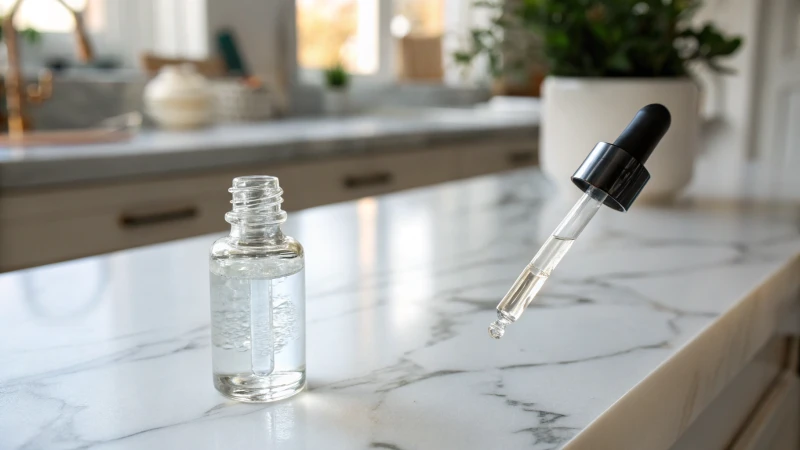 A glass dropper with a clear liquid on a marble countertop