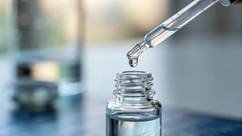 A glass dropper filled with clear serum above a small glass vial.