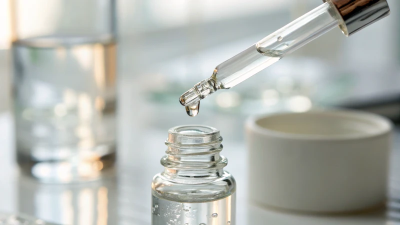 Close-up of a glass dropper dispensing serum over a vial