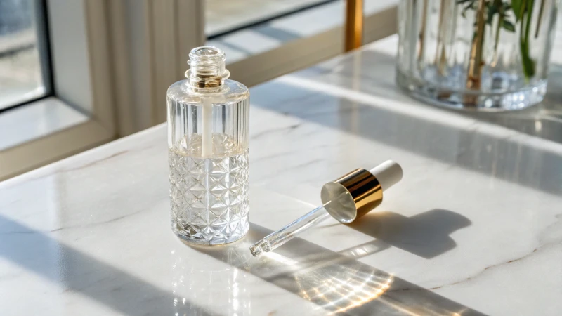 A glass dropper next to an upscale skincare bottle on a marble countertop