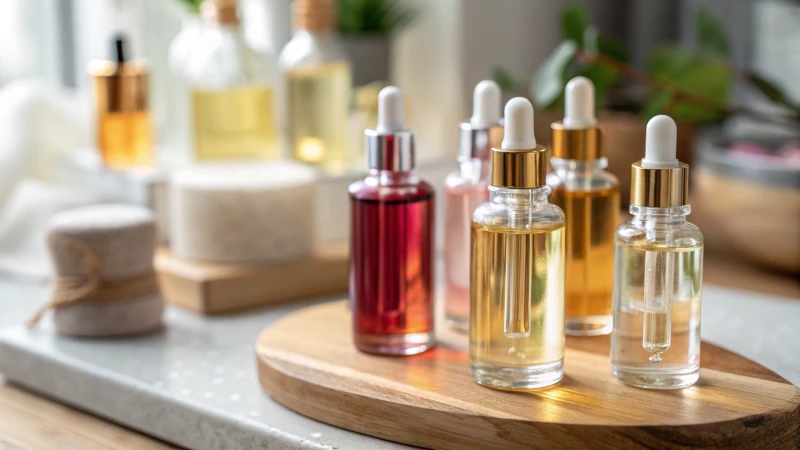 A display of glass droppers with skincare bottles on a wooden surface