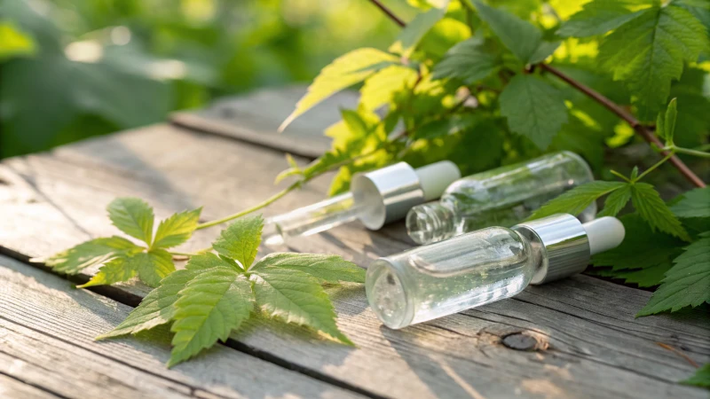 Close-up of glass droppers on wooden surface with green foliage