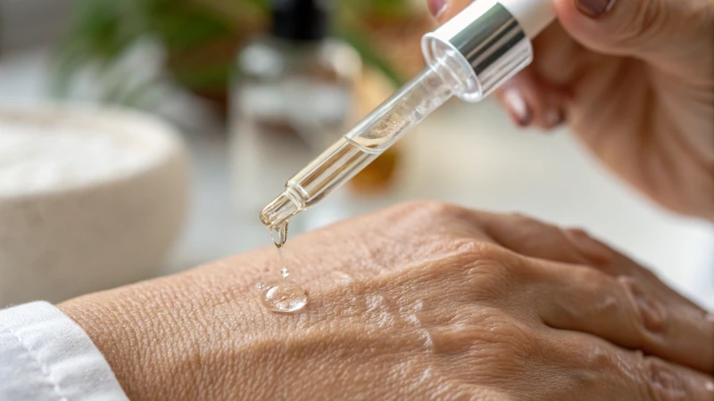 Close-up of a glass pipette dispensing serum on a hand