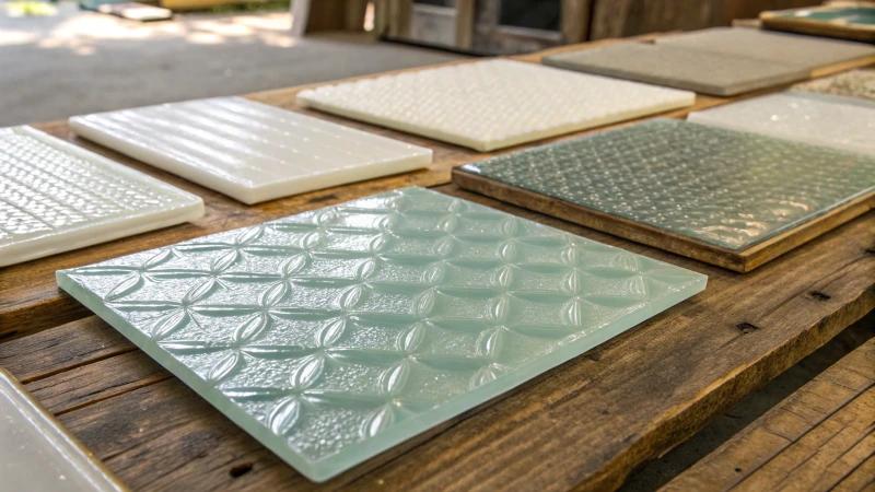 Close-up view of various glass samples on a wooden table