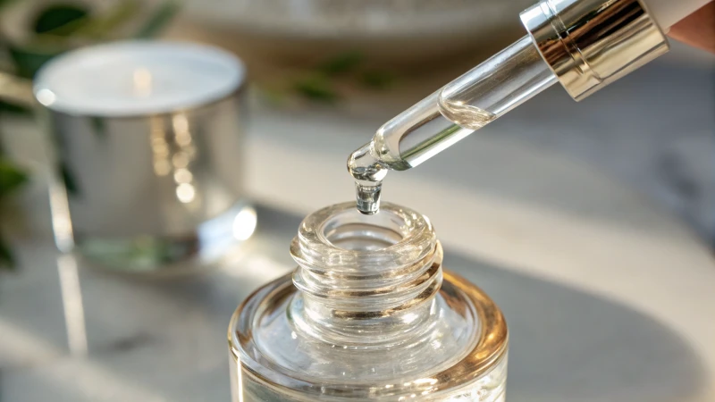 Close-up of a glass dropper dispensing liquid