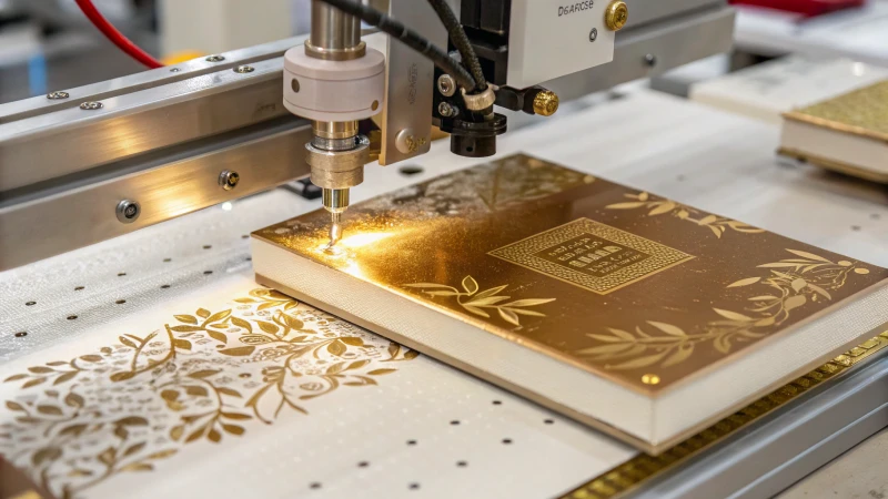 Close-up of a hot stamping machine applying metallic foil to a package