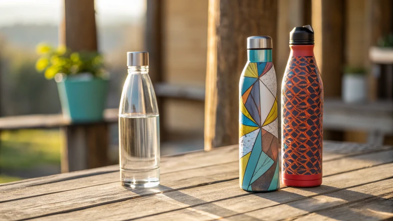 A collection of innovative bottle designs on a wooden table.