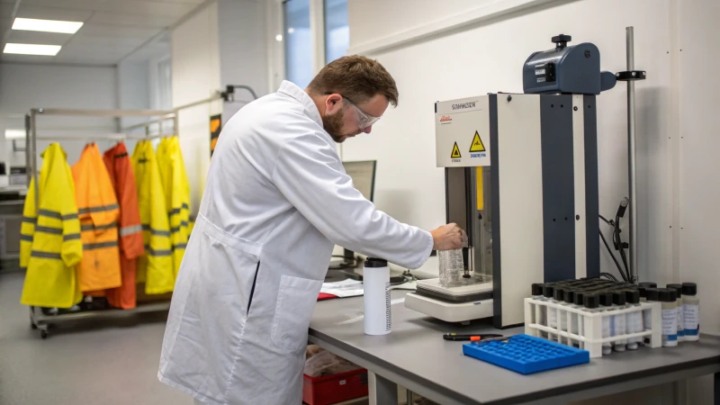 A technician in a lab conducting drop tests in a well-lit laboratory