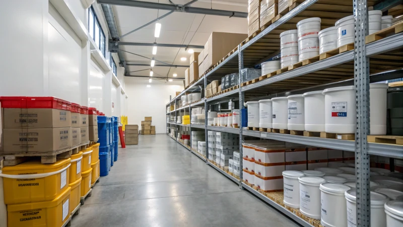 Various leak-proof packaging solutions in a warehouse