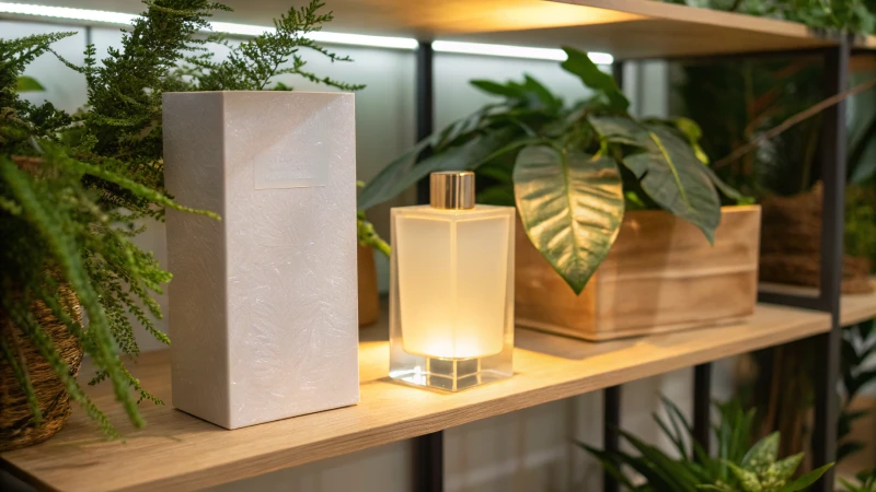 A collection of frosted glass packaging on a wooden shelf with greenery