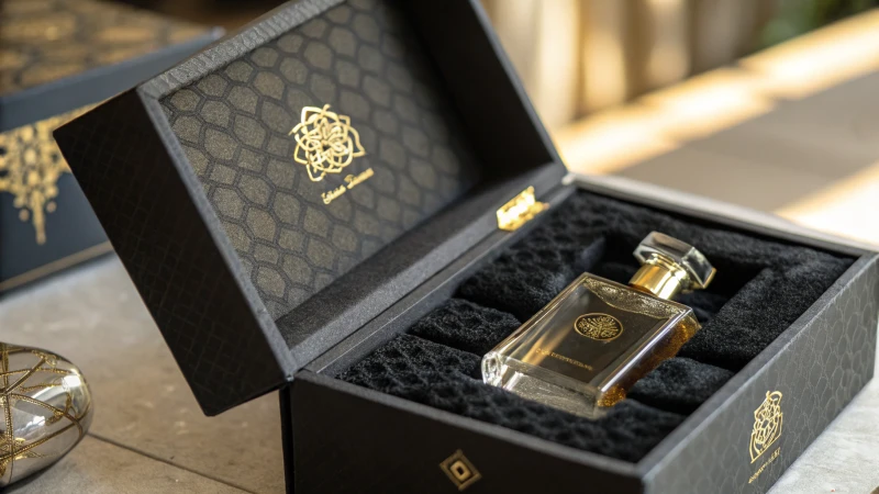 Elegant perfume packaging with black box and gold accents