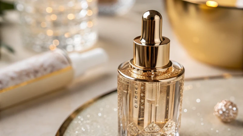 Close-up of a luxurious metallic cosmetic dropper