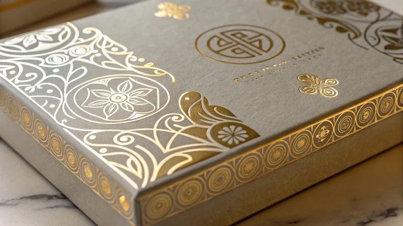 Close-up of a luxury packaging box with intricate hot stamping design