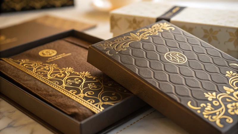 Close-up of elegant luxury packaging with embossed leather and gold foil detailing.