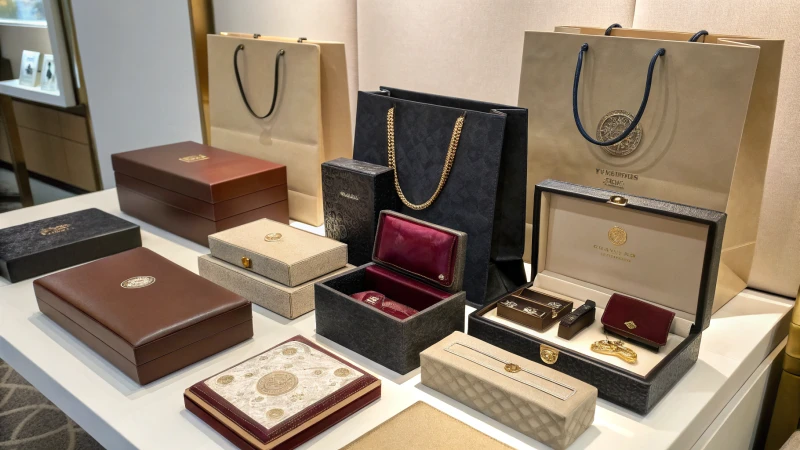 A display of luxury packaging featuring velvet, leather, and embossed foil boxes and bags.