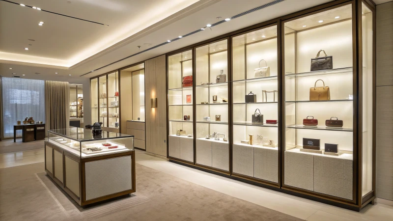 A modern showroom featuring luxury products behind frosted glass.