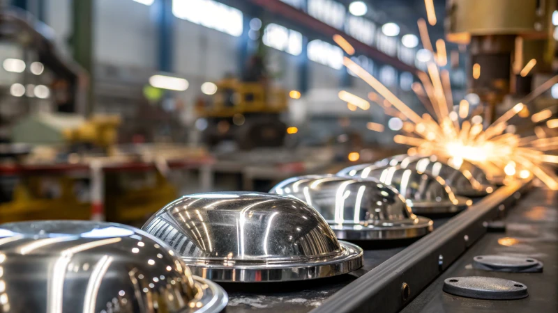 Close-up view of metallic finished products on a manufacturing line