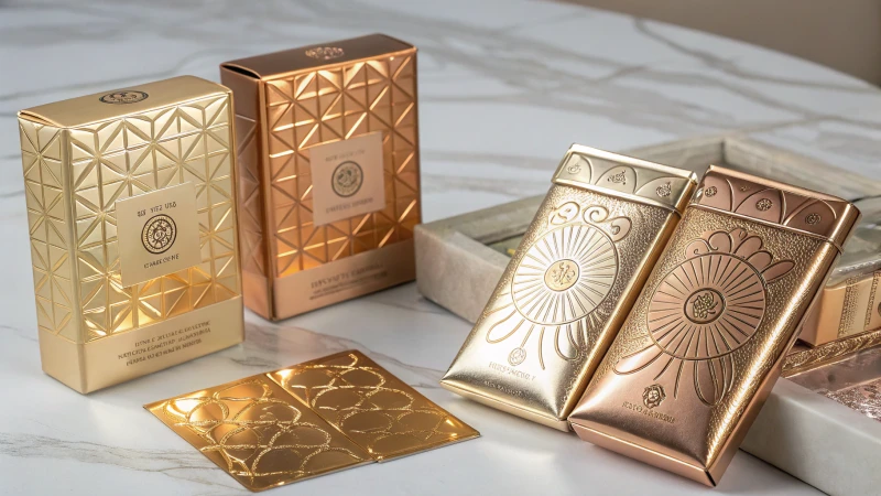 Collection of product packaging with metallic finishes