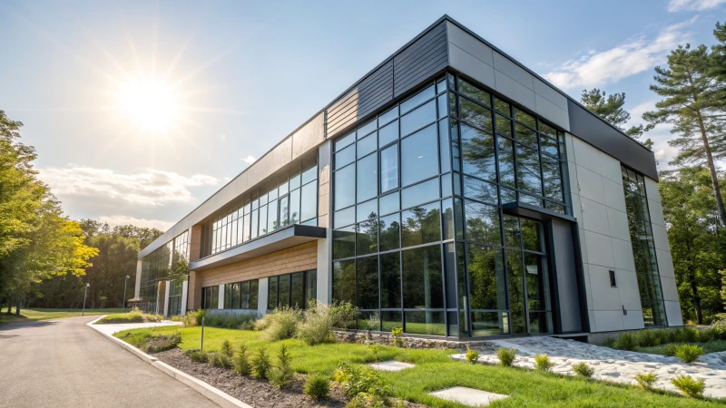 Modern building with insulation panels and reflective windows