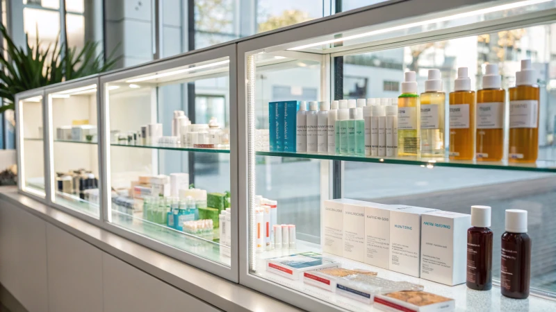 Modern display of cosmetic and pharmaceutical products behind glass