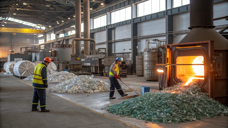 A busy glass recycling facility with workers and furnaces