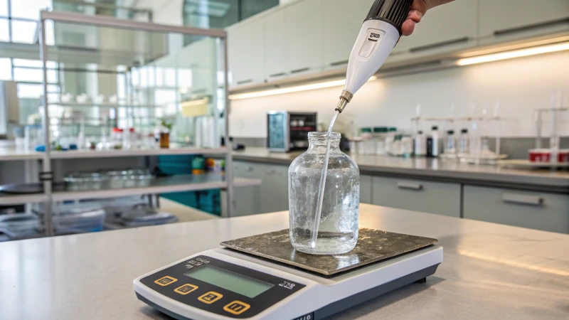 A glass bottle on an analytical scale in a laboratory