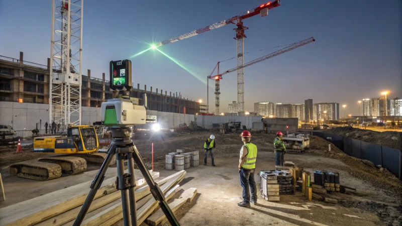 A laser scanning system on a busy construction site with machinery and workers