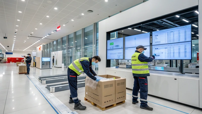 Workers handling fragile glass droppers in a modern logistics center