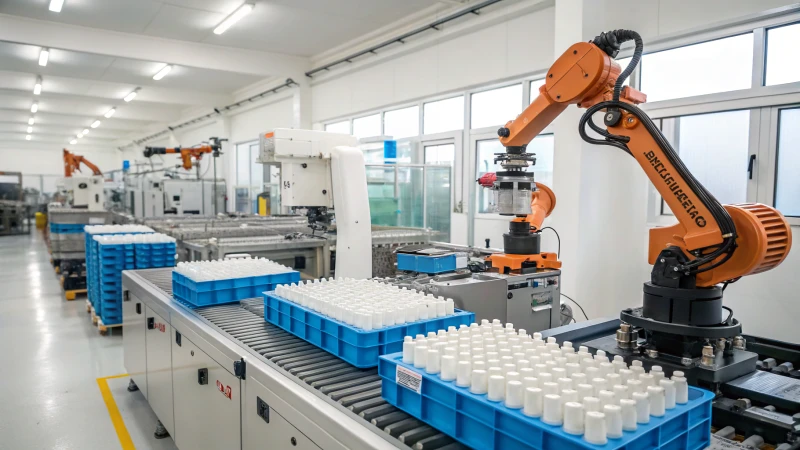 A modern manufacturing facility with robotic arms assembling plastic sprayer bottles