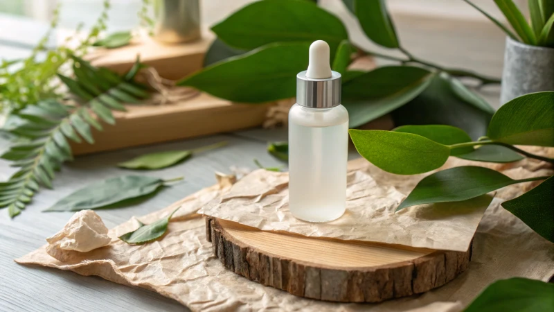 Photorealistic modern serum bottle on wooden surface with leaves