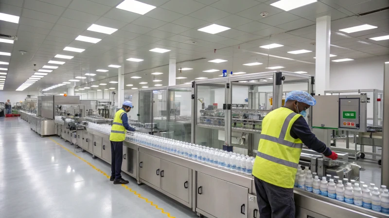 Workers in a modern serum bottle production facility