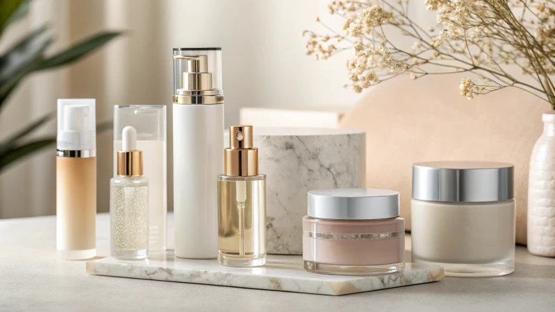 A collection of elegant skincare packaging including pump bottles and droppers.