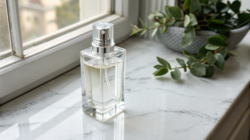 A sleek modern perfume bottle on a marble countertop